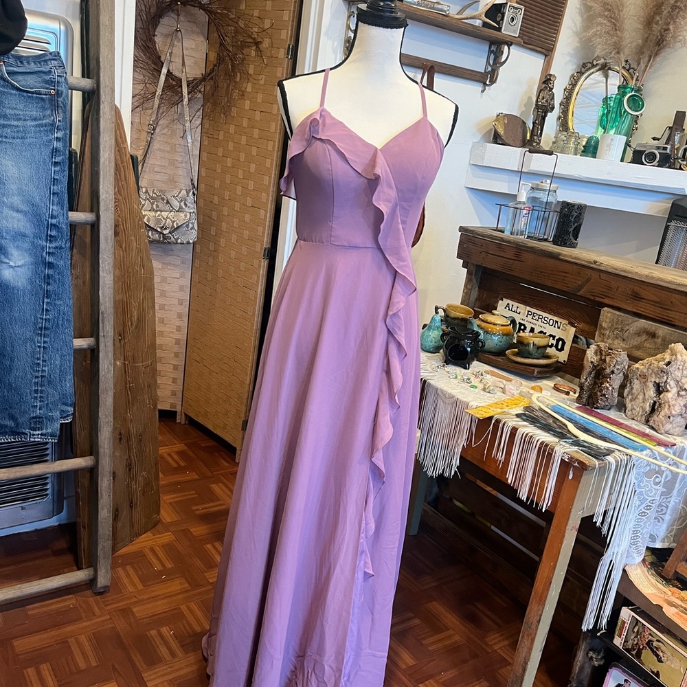 JJ’s house bridesmaids dress in color Wisteria.